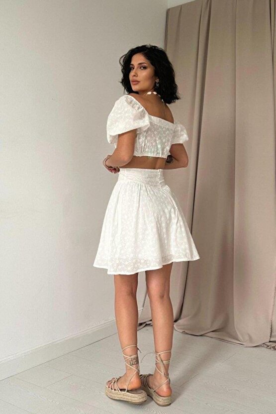 Ekru Brode Crop Ve Mini Etek Takım