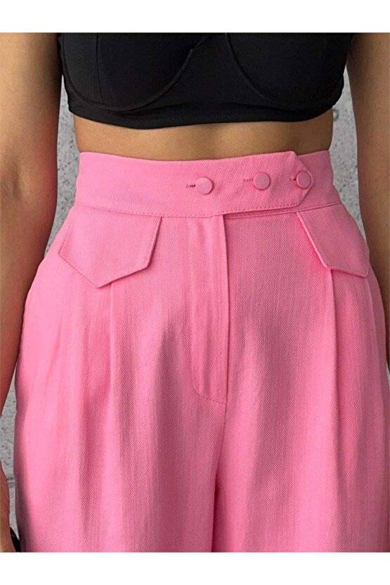 PANTOLON KAPALI CEP 3 DÜĞME DETAYLI - Pembe