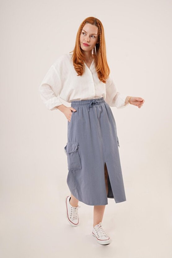 Ön Yırtmaçlı Cep Detaylı İndigo Etek