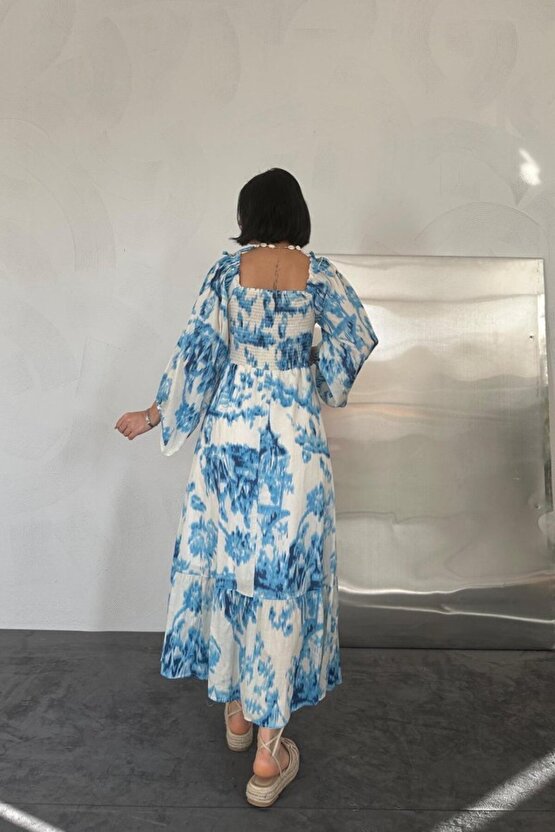 Mavi Arkası Gipeli Uzun Elbise