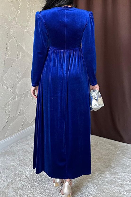 Saks Göğüs Altı Taşlı Elbise