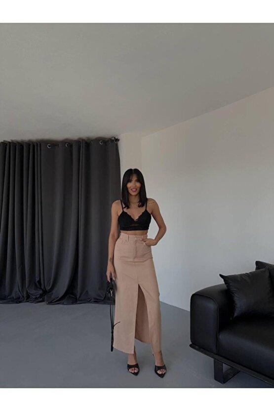 Kadın Gabardin Önden Yırtmaçlı Kahverengi Uzun Etek