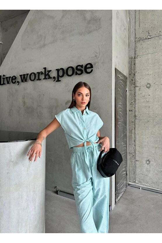 Gömlek Yaka Çizgili Su Yeşili Kolsuz Keten Kadın Crop Pantolon Takım