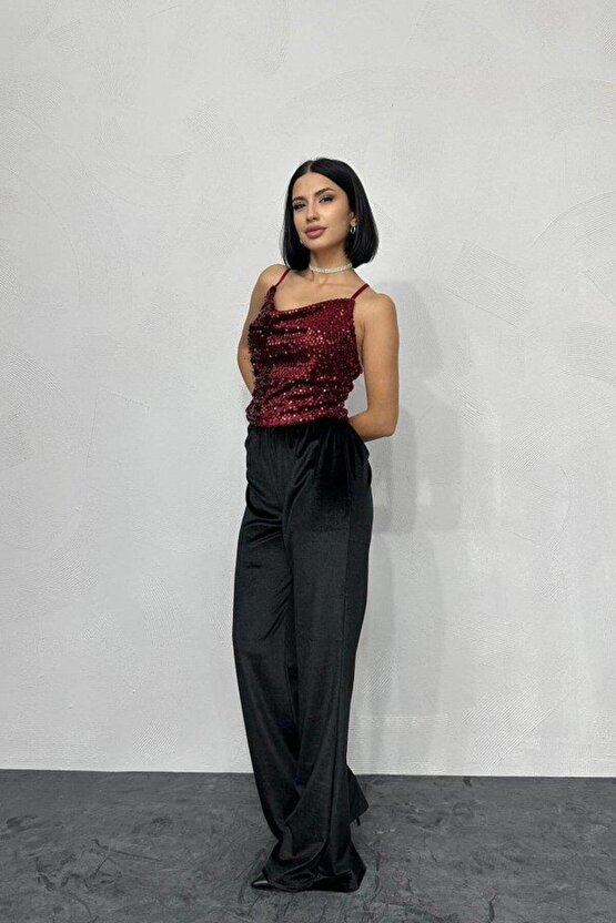 Bordo Askılı Degaje Bluz