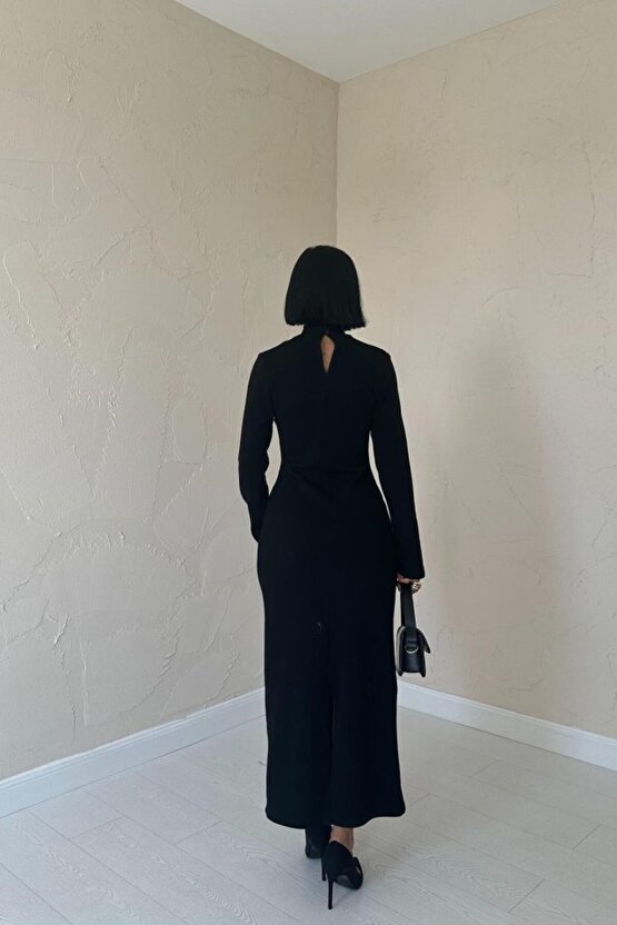 MODAVERA Siyah Omzu Güllü Düz Elbise