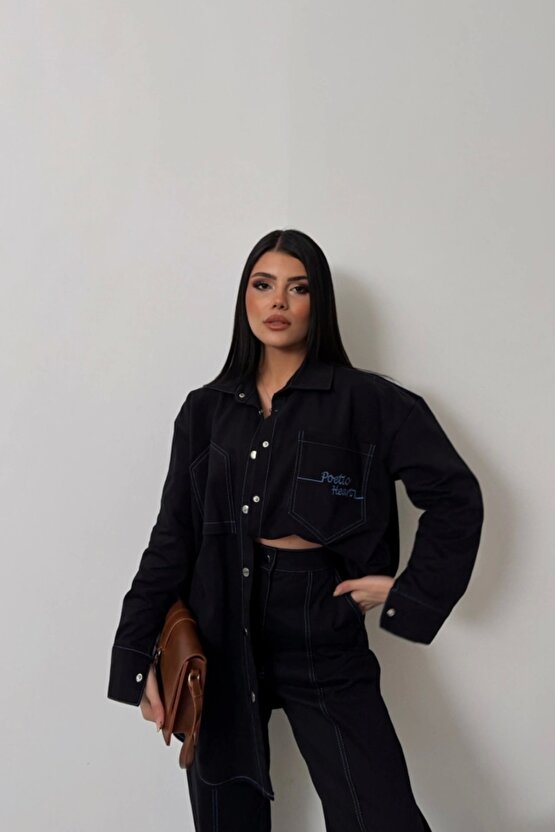 DENİM PUNTOLU GÖMLEK-PANTOLON TAKIM - Mavi