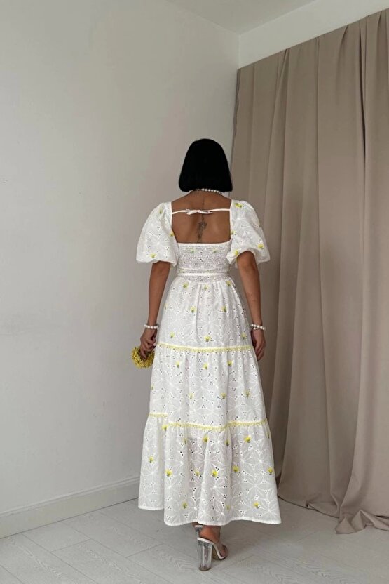 Sarı Dantel Detaylı Brode Elbise