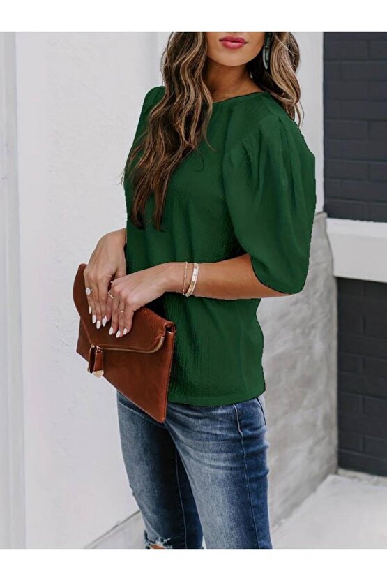 Kadın Kısa Kollu Pileli Balın Kol Bürümcük Bluz