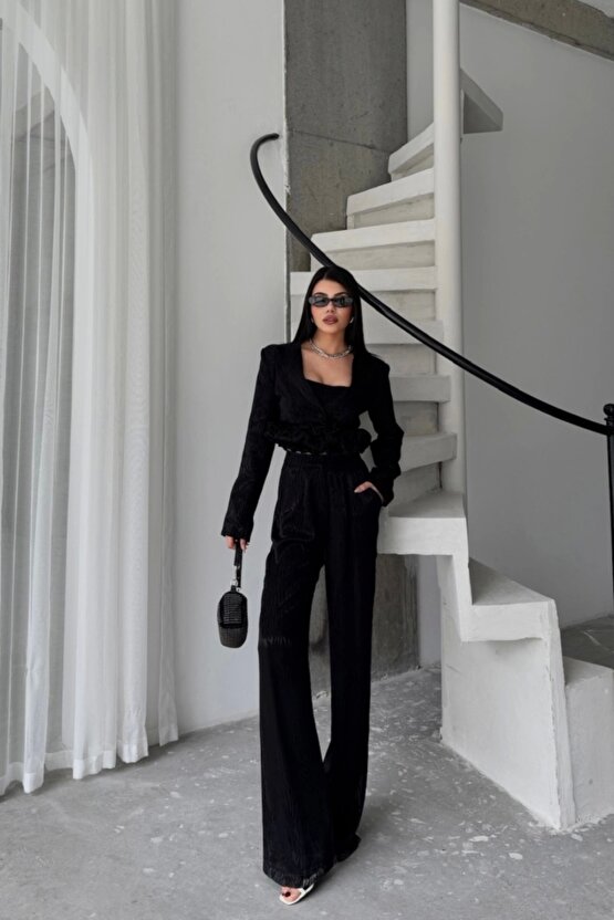 JAKARLI BLUZU TASARIM DETAYLI CEKET-PANTOLON-BLUZ 3 LÜ TAKIM - Siyah