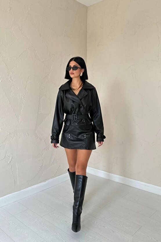 Siyah Kemerli Deri Ceket