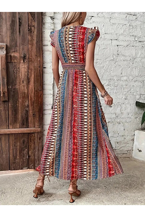 Kadın Kısa Kollu V Yakalı Desenli Yandan Yırtmaçlı Süprem Elbise