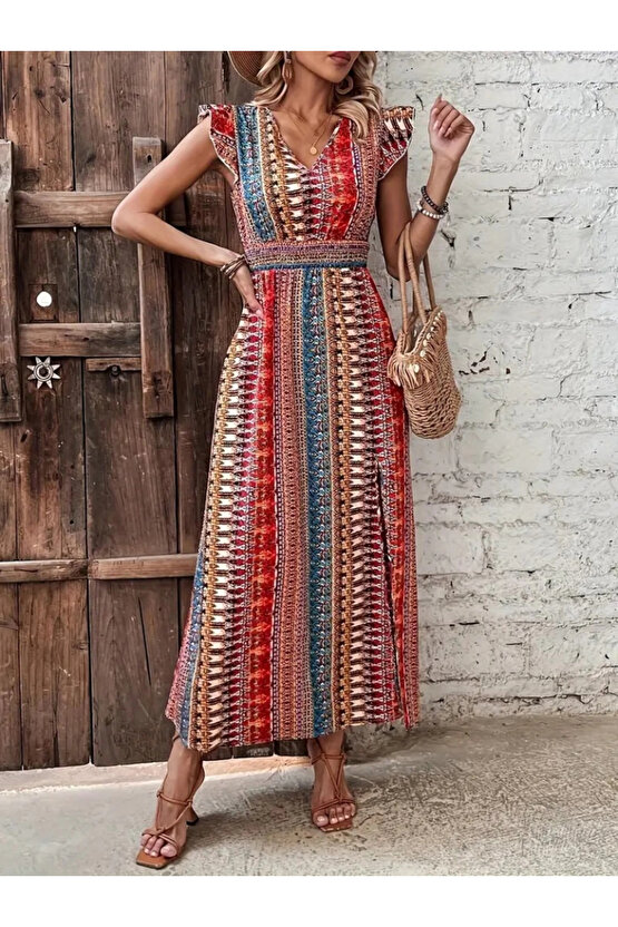 Kadın Kısa Kollu V Yakalı Desenli Yandan Yırtmaçlı Süprem Elbise