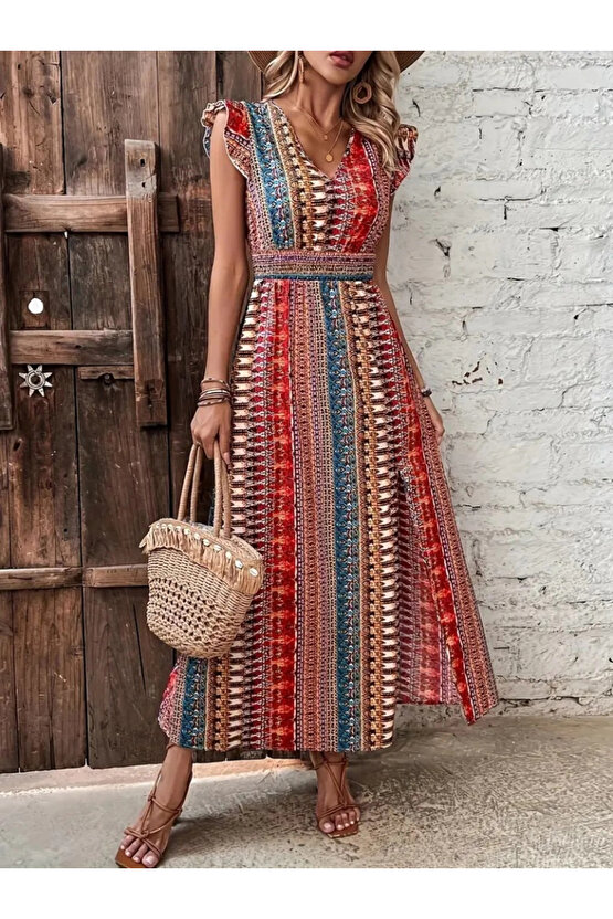 Kadın Kısa Kollu V Yakalı Desenli Yandan Yırtmaçlı Süprem Elbise