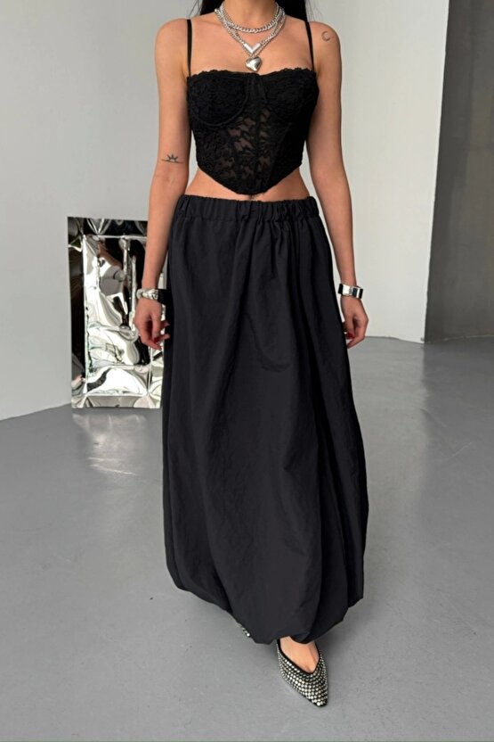 BEL LASTİKLİ BALON ETEK ŞANEL BOY SOFT KUMAŞ - Siyah