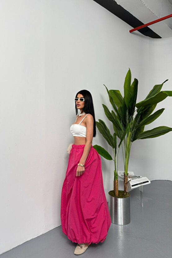 BEL LASTİKLİ BALON ETEK ŞANEL BOY SOFT KUMAŞ - Fuşya