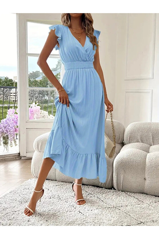 Kadın Kısa Kollu Kruvaze Yakalı Beli Lastikli Müslim Elbise