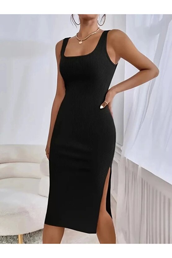 Kadın Askılı Kare Yaka Yandan Yırtmaçlı Midi Kaşkorse Elbise