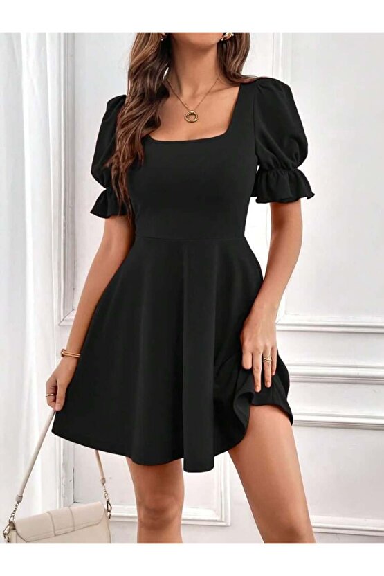 Kadın Kısa Kollu Kare Yakalı Kiloş Ithal Krep Elbise