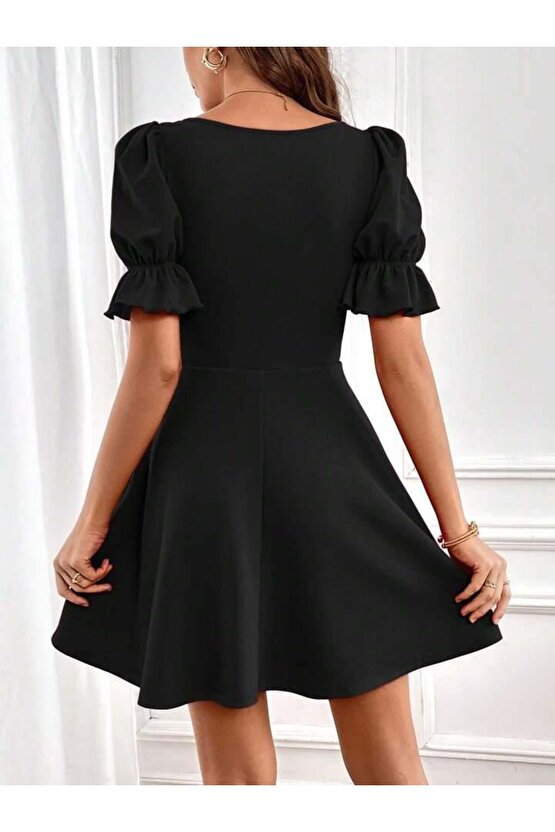 Kadın Kısa Kollu Kare Yakalı Kiloş Ithal Krep Elbise