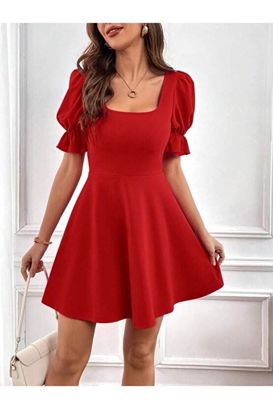 Kadın Kısa Kollu Kare Yakalı Kiloş Ithal Krep Elbise