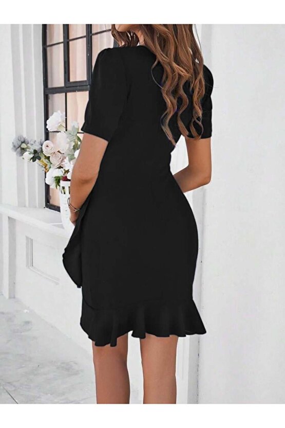 Kadın Kısa Kollu Bisiklet Yaka önden Fırfırlı Büzgülü Janjan Krep Kısa Elbise