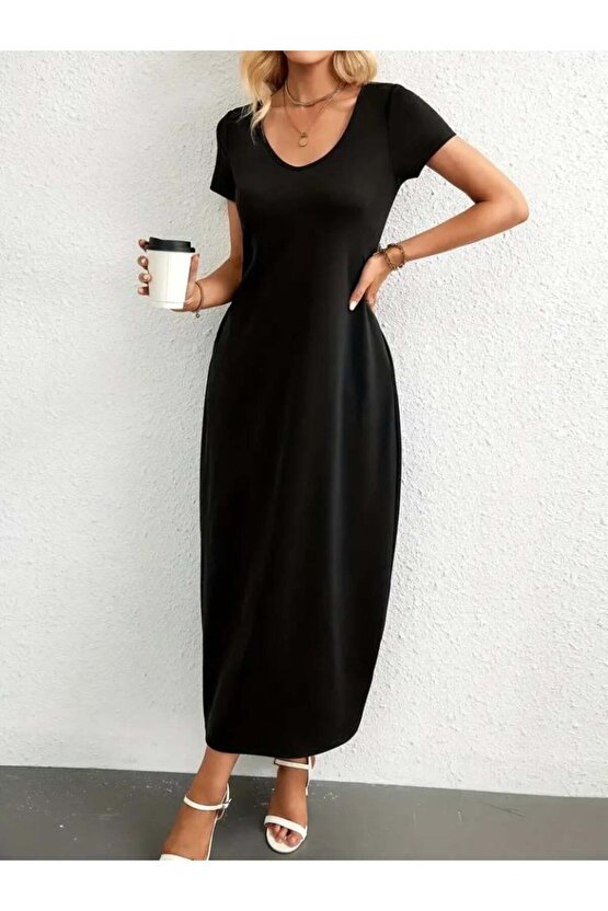 Kadın Kısa Kollu Yakası Yuvarlak Cepli Viskon Elbise