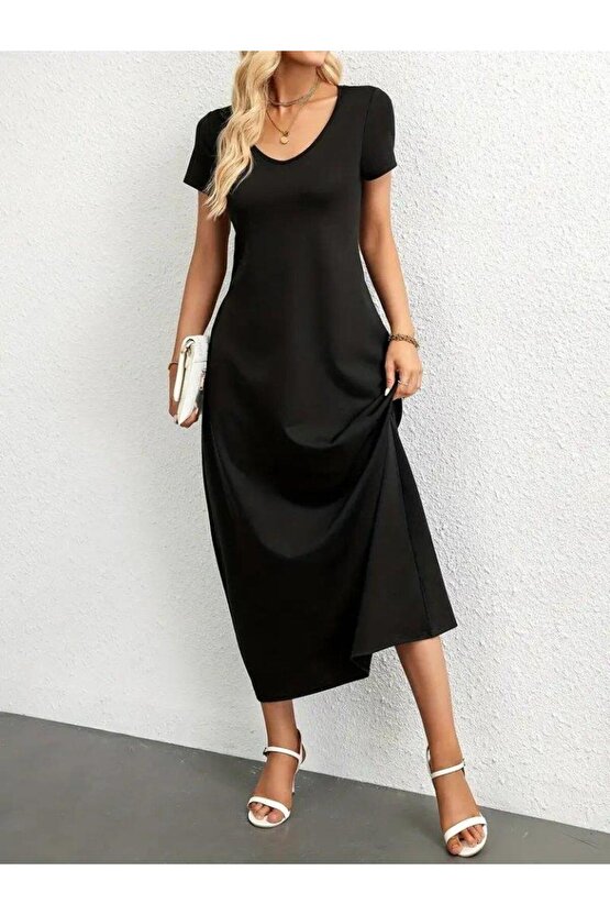 Kadın Kısa Kollu Yakası Yuvarlak Cepli Viskon Elbise