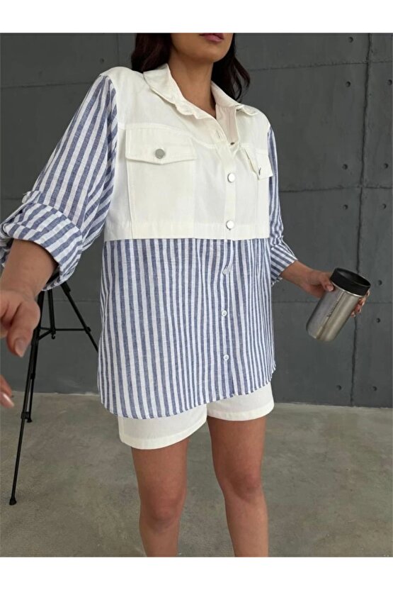 GABARDİN ŞORT  GABARDİN  ÇİZGİİ KETEN GARNİİ CEKET TAKI  acivert