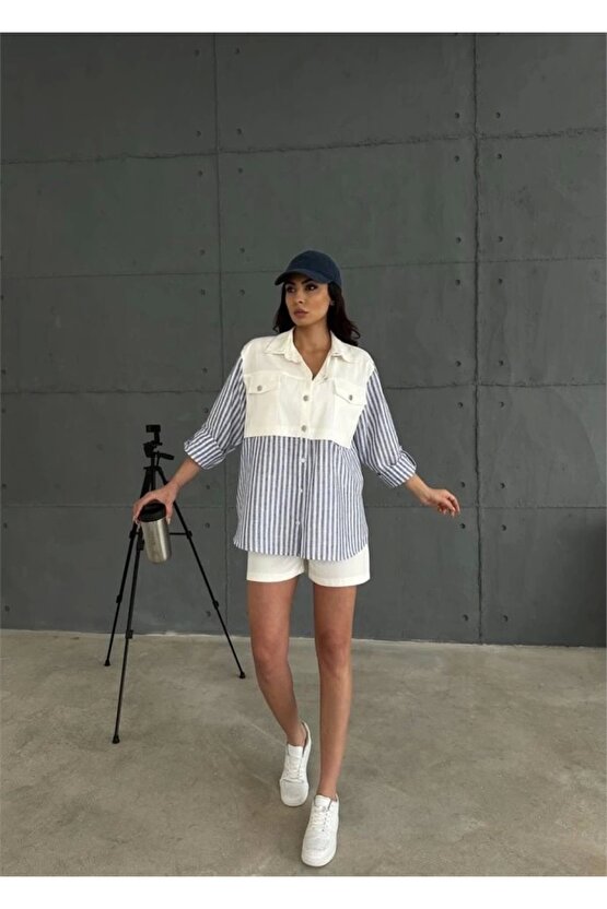 GABARDİN ŞORT  GABARDİN  ÇİZGİİ KETEN GARNİİ CEKET TAKI  acivert