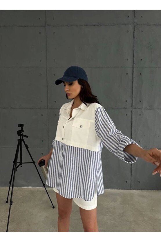 GABARDİN ŞORT  GABARDİN  ÇİZGİİ KETEN GARNİİ CEKET TAKI  acivert