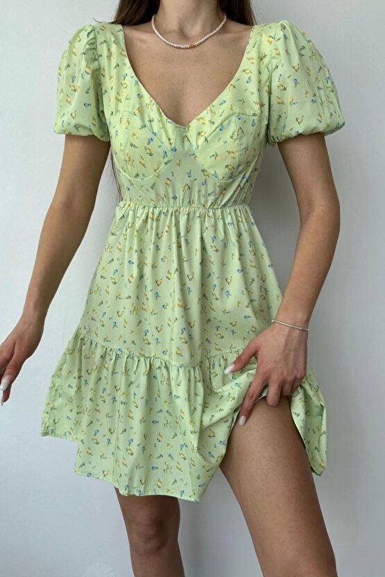 Yeşil ırt Dekolteli Elbise