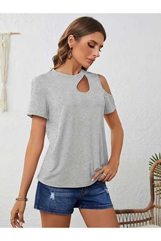 Kadın Kısa Kollu Tek Omuzu Açık Damla Detaylı Viskon Bluz