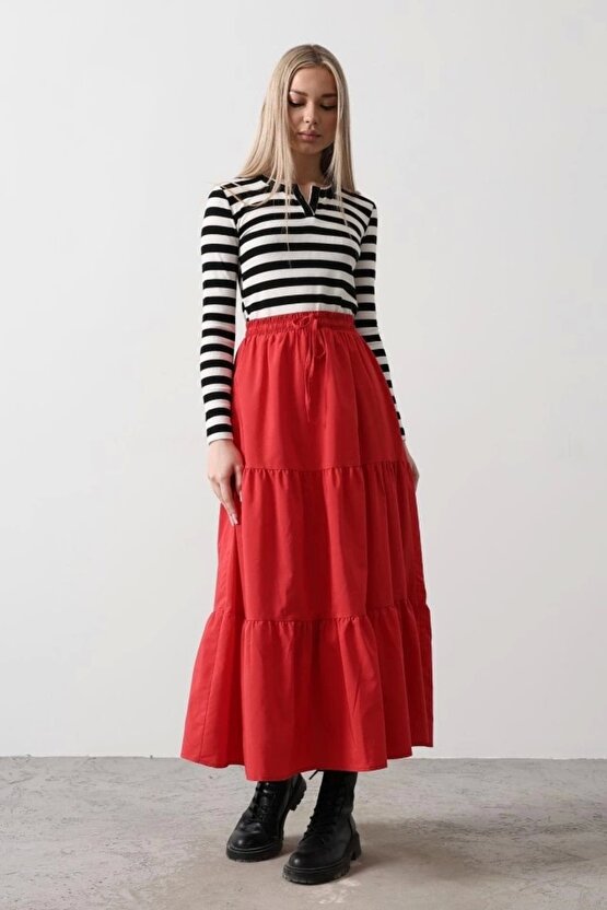 Pamuklu Beli astikli Etek  Kırmızı