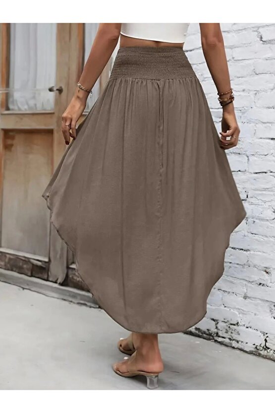 Kadın Yüksek Bel Belden Bağlamalı Asimetrik Kesim Detaylı Sandy Etek