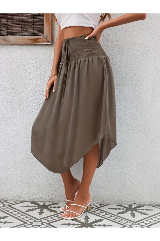 Kadın Yüksek Bel Belden Bağlamalı Asimetrik Kesim Detaylı Sandy Etek