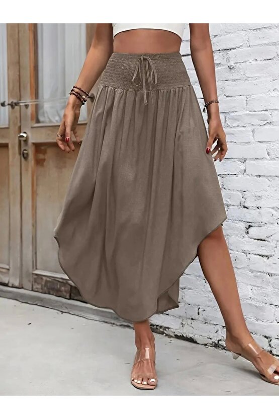 Kadın Yüksek Bel Belden Bağlamalı Asimetrik Kesim Detaylı Sandy Etek