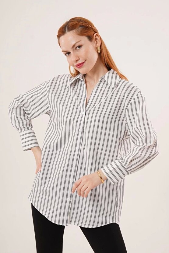 Çift Çizgi Geçişli Düğmeli Gri Gömlek