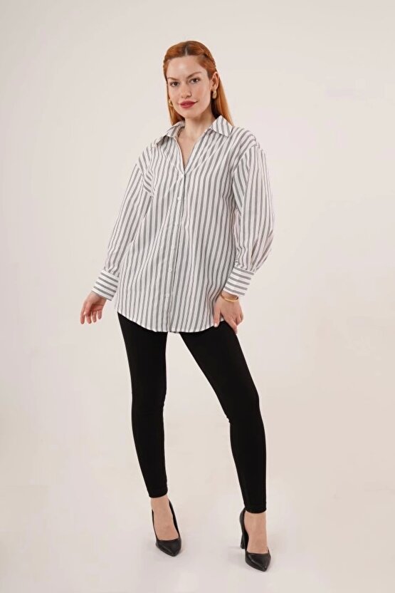 Çift Çizgi Geçişli Düğmeli Gri Gömlek