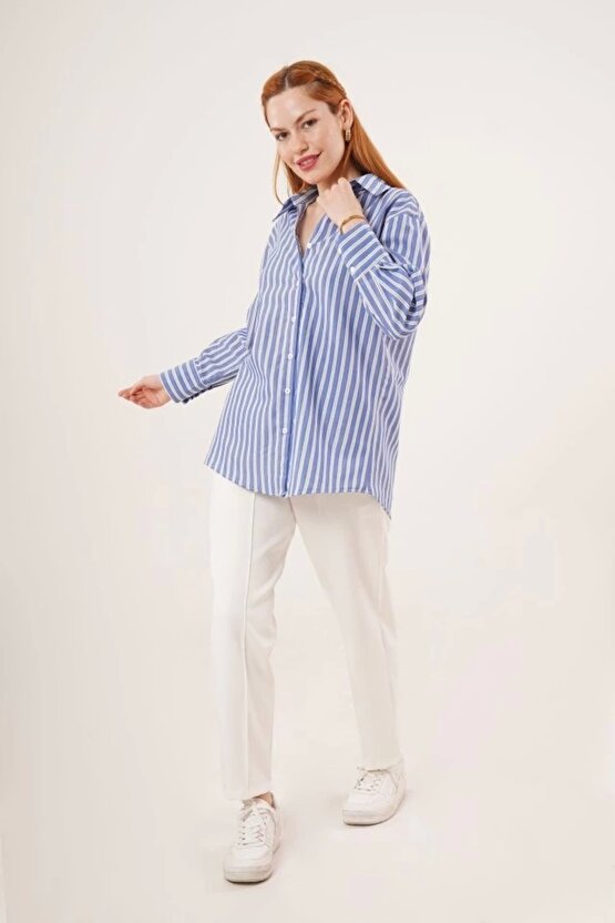 Çift Çizgi Geçişli Düğmeli avi Gömlek