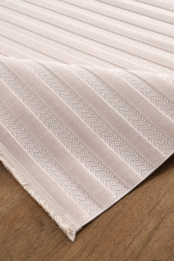 Kadife Bambu Dokuma Modern Kaymaz Salon Halısı Mutfak Halısı Koridor Halısı Yolluk Çizgi Bej