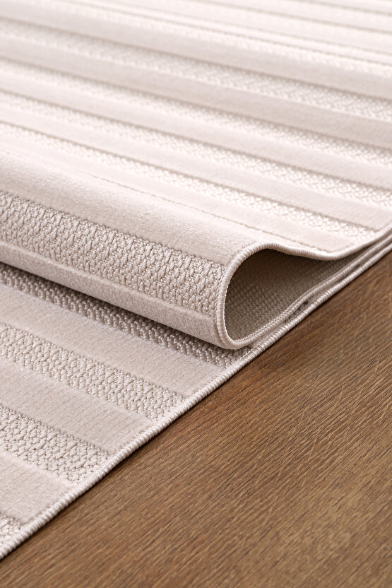 Kadife Bambu Dokuma Modern Kaymaz Salon Halısı Mutfak Halısı Koridor Halısı Yolluk Çizgi Bej