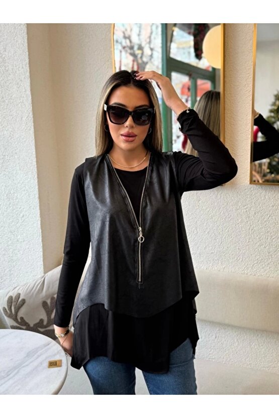 Kadın Uzun Kol Asimetrik Kesim Viskon Bluz Ve çatlak Deri Görünümlü Fermuar Detaylı Yelek Ikili Takı