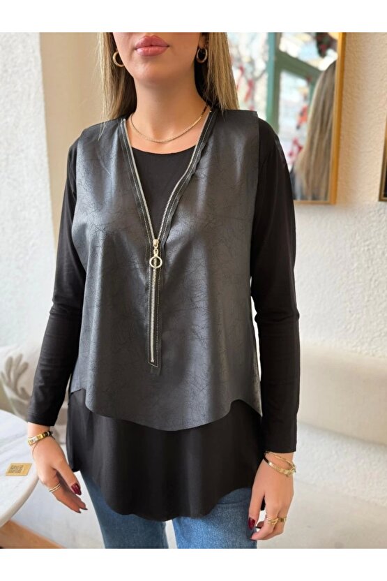 Kadın Uzun Kol Asimetrik Kesim Viskon Bluz Ve çatlak Deri Görünümlü Fermuar Detaylı Yelek Ikili Takı