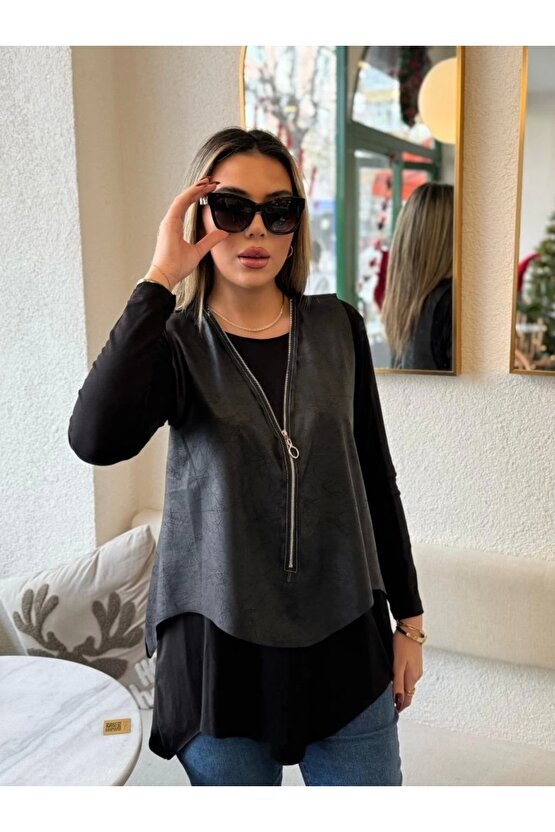 Kadın Uzun Kol Asimetrik Kesim Viskon Bluz Ve çatlak Deri Görünümlü Fermuar Detaylı Yelek Ikili Takı