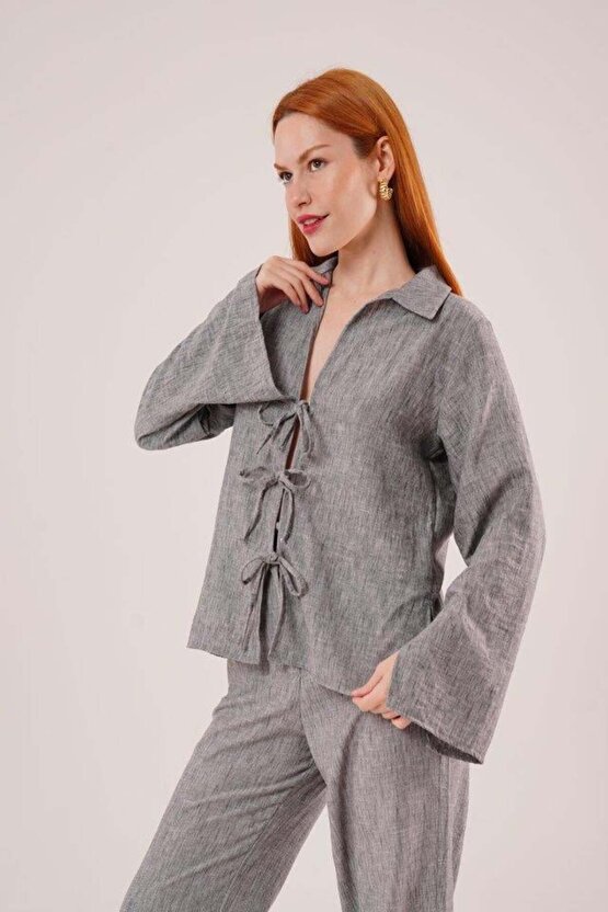 Ön Bağlama Detaylı Pantolon Ve Gömlek Antrasit İkili Takım