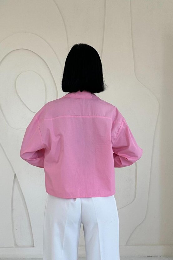 Gökyüzü Moda Pembe Fleto Cepli Poplin Gömlek