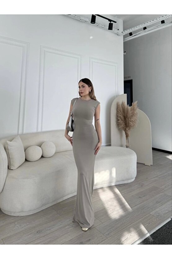 Kolsuz Uzun Likralı Elbise Gri