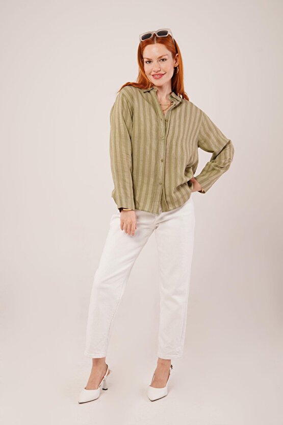 Gökyüzü Moda Düğmeli Ve Çizgi Detaylı Yeşil Gömlek