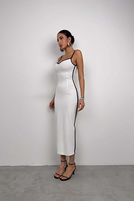 Biye Detay Askılı Kalp Yaka Elbise