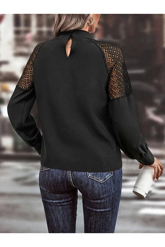 Kadın Uzun Kollu Anahtar Deliği Yaka Reglan Kol Dantel Detaylı Ithal Krep Bluz